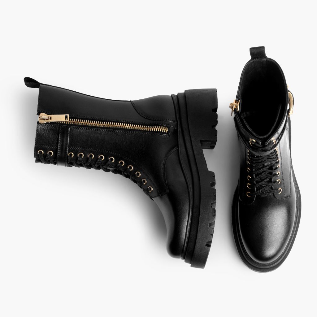 High-Traction Rubber Outsole & Lug Tread Pattern on Fatale Black & Gold Leather Boots