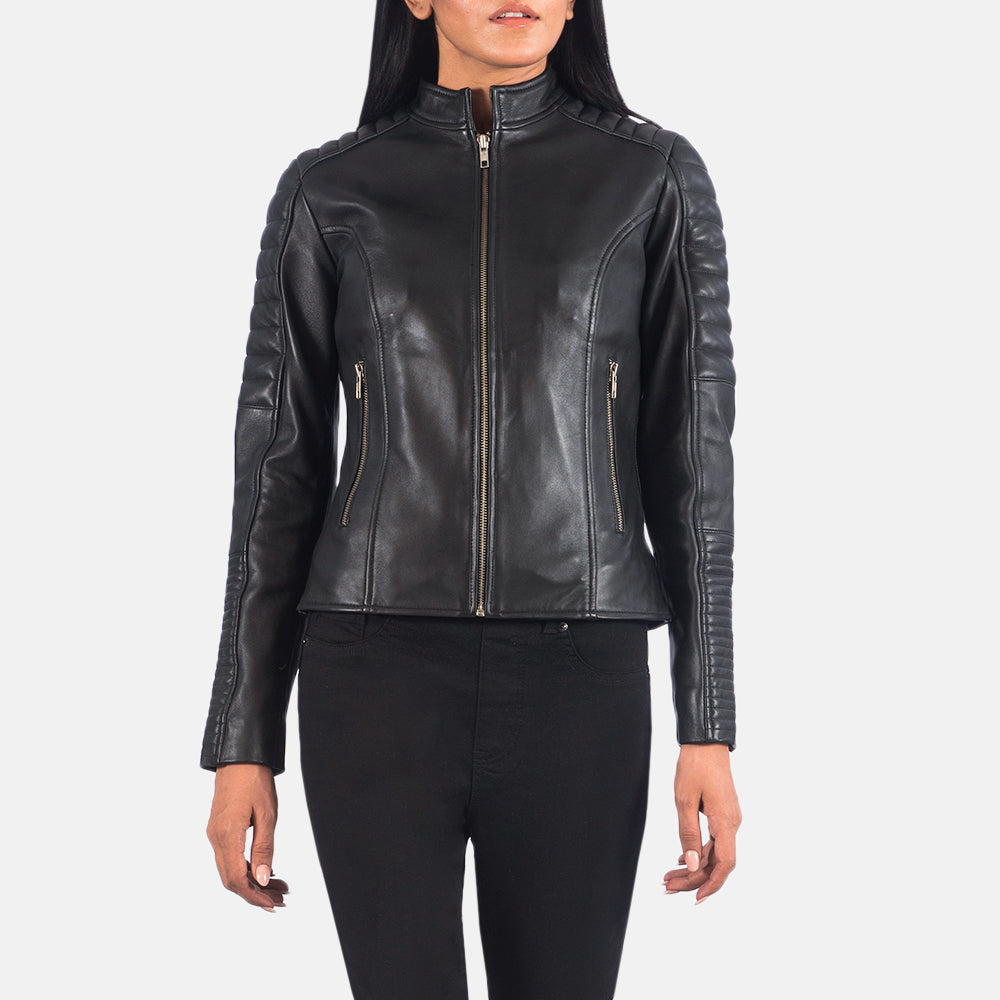 Black Sheepskin Leather Biker Jacket - Back View Showing Tailored Shoulder Fit &amp; Clean Hemline