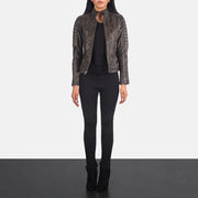 
Women's Adalyn Quilted Distressed Brown Leather Biker Jacket - Lateral Side Profile View Showing Sleeve Cut & Athletic Taper Fit