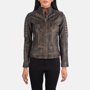 
Close-Up Detail of Band & Zipper Hardware on Women's Adalyn Quilted Distressed Brown Leather Biker Jacket