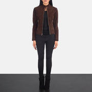 Close-Up Detail of Band &amp; Zipper Hardware on Women's Adalyn Quilted Mocha Suede Biker Jacket
