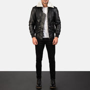 
Men's Airin G-1 Black & White Leather Bomber Jacket - Lateral Side Profile View Showing Sleeve Cut & Athletic Taper Fit