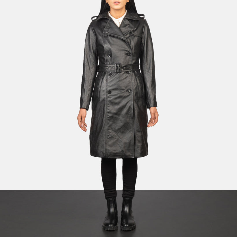 Alice Black Double-Breasted Leather Coat