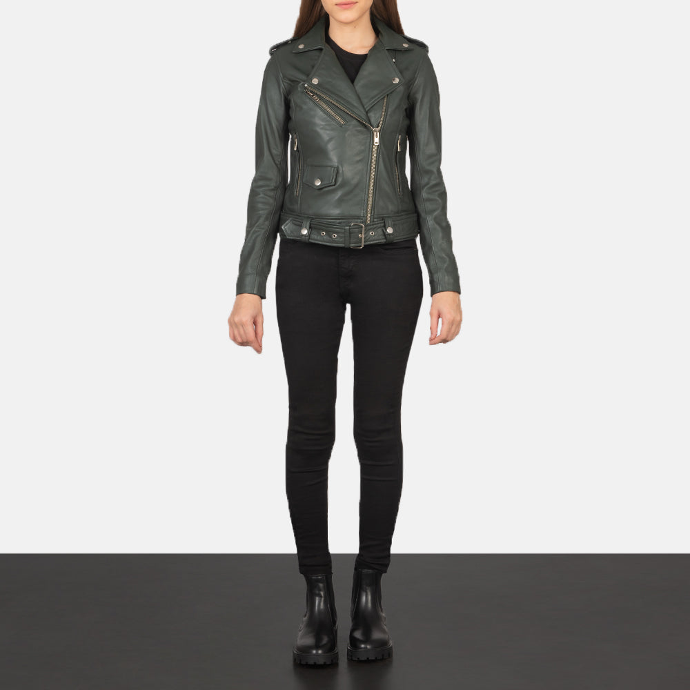 Women's Alison Green Leather Biker Jacket - Lateral Side Profile View Showing Sleeve Cut &amp; Athletic Taper Fit