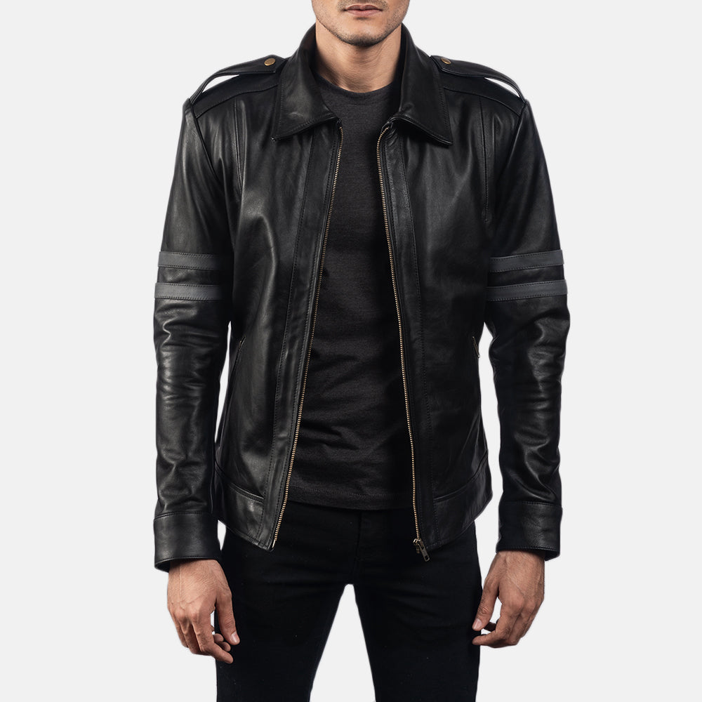 Close-Up Detail of Shirt &amp; Zipper Hardware on Armstrong Black Leather Biker Jacket
