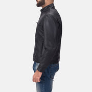 Austere Matte Black Leather Biker Jacket - Lateral Side Profile View Showing Sleeve Cut &amp; Athletic Taper Fit