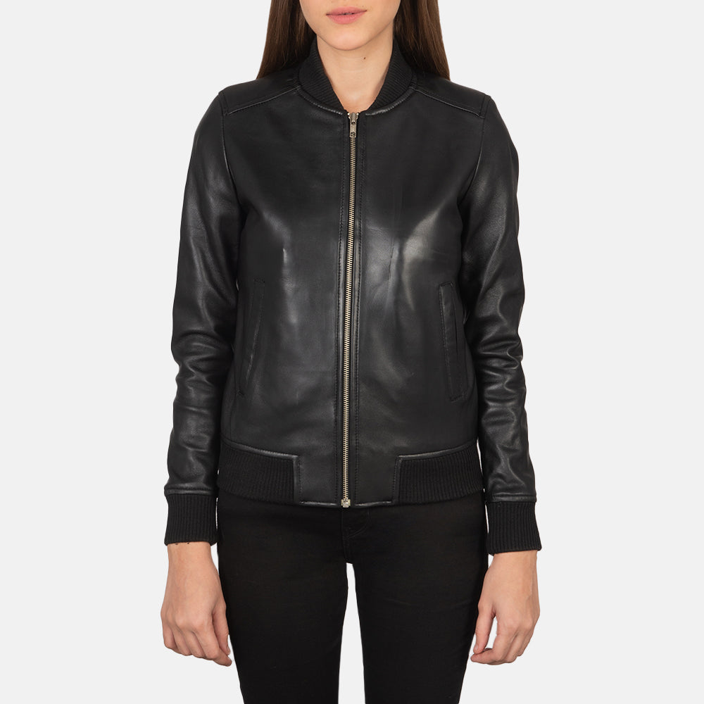 
Close-Up Detail of Varsity - Rib Knit & Zipper with Wind Flap Hardware on Women's Bliss Black Leather Bomber Jacket