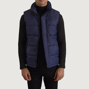 Bryan Blue Puffer Vest in Blue Full-Grain Leather - Front Profile View &amp; Tailored Silhouette | Buy Online
