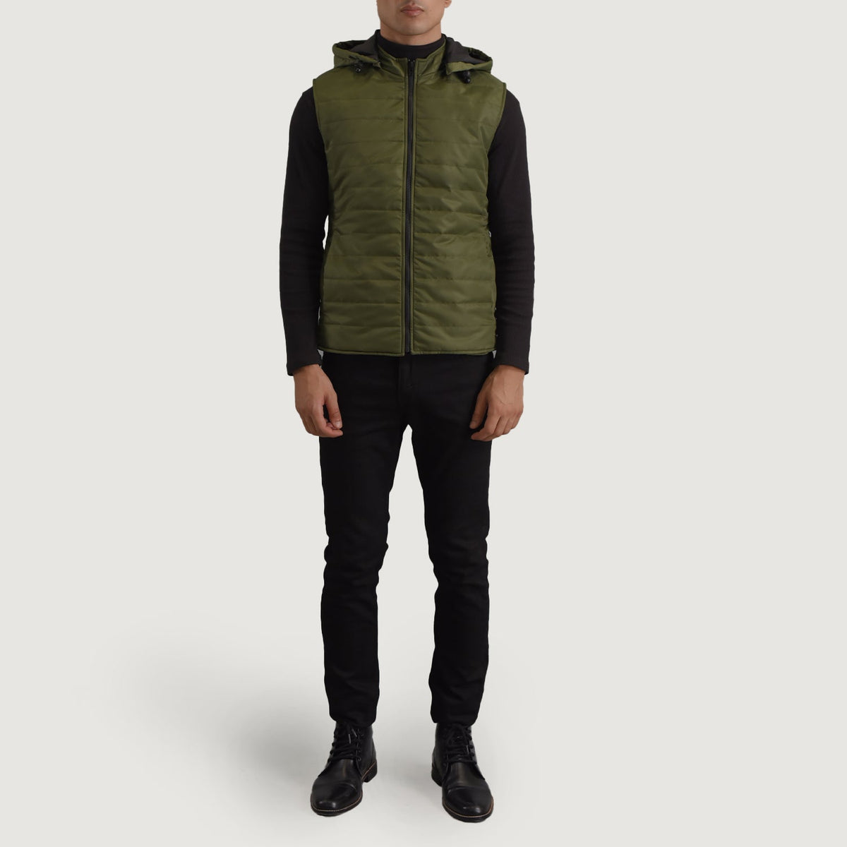 
Carlo Green Hooded Puffer Vest - Lateral Side Profile View Showing Sleeve Cut & Athletic Taper Fit