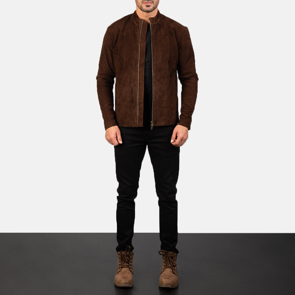Men's Charcoal Mocha Suede Biker Jacket - Lateral Side Profile View Showing Sleeve Cut &amp; Athletic Taper Fit