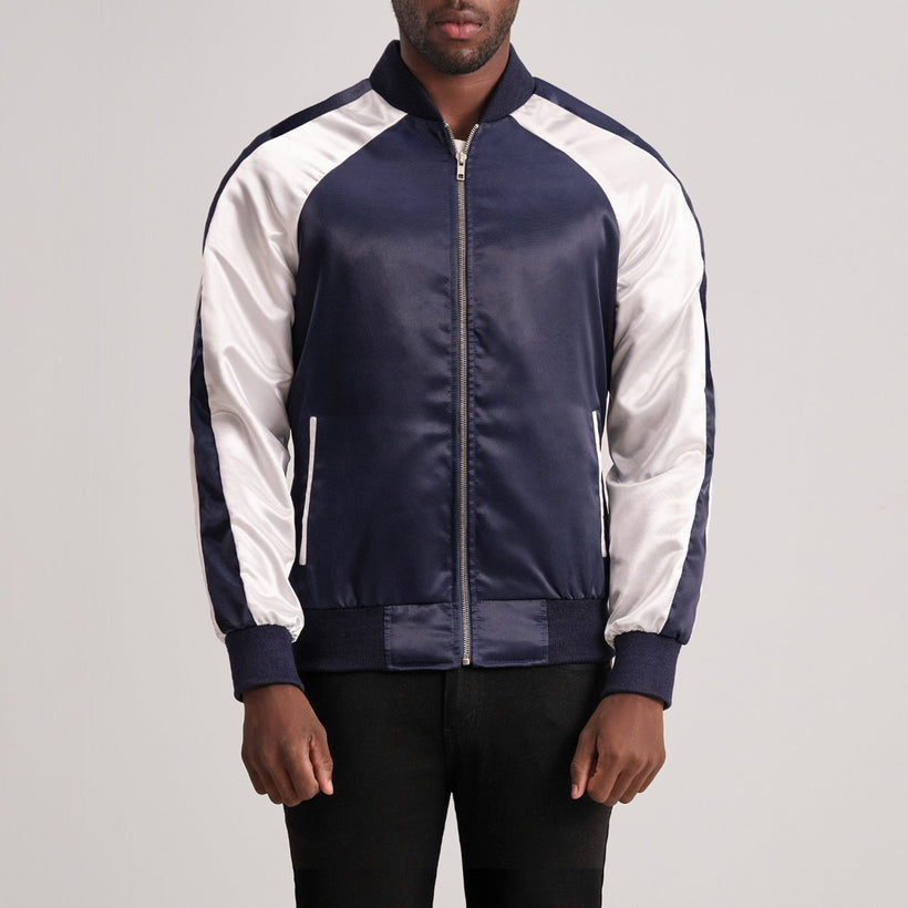 Clarke Blue Varsity Jacket in Blue & White Satin - Front Profile View & Tailored Silhouette | Buy Online