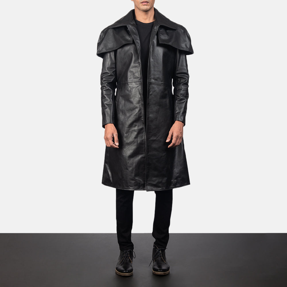 
Men's Classic Black Leather Duster in Black Cowhide Leather - Front Profile View & Tailored Silhouette | Buy Online