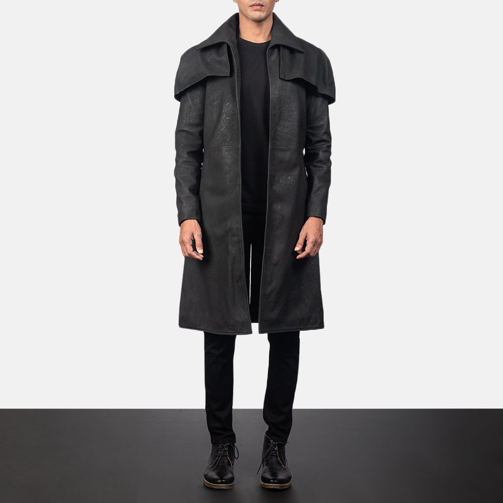 
Men's Classic Distressed Black Leather Duster in Distressed Black Sheepskin Snuffed - Front Profile View & Tailored Silhouette | Buy Online