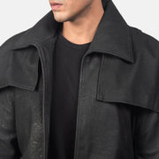 
Close-Up Detail of Classic Collar & Heavy-Duty Zipper Hardware on Men's Classic Distressed Black Leather Duster