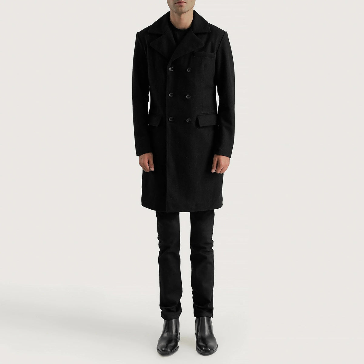 
Men's Claud Black Wool Double Breasted Coat - Lateral Side Profile View Showing Sleeve Cut & Athletic Taper Fit