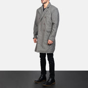 
Grey Synthetic Wool Trench Coat - Back View Showing Tailored Shoulder Fit & Clean Hemline