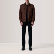 
Brown Waxed Cotton Canvas Leather Jacket - Back View Showing Tailored Shoulder Fit & Clean Hemline