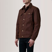 
Colberto Brown Waxed Canvas Trucker Jacket For Men - Lateral Side Profile View Showing Sleeve Cut & Athletic Taper Fit