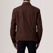 
Close-Up Detail of Classic Collar & Snap Button Hardware on Colberto Brown Waxed Canvas Trucker Jacket For Men