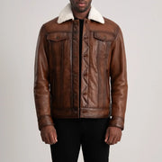 Dallis Brown Leather Shearling Trucker Jacket in Waxed Brown Sheepskin Leather - Front Profile View &amp; Tailored Silhouette | Buy Online