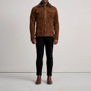 Dallis Brown Suede Shearling Trucker Jacket - Lateral Side Profile View Showing Sleeve Cut &amp; Athletic Taper Fit