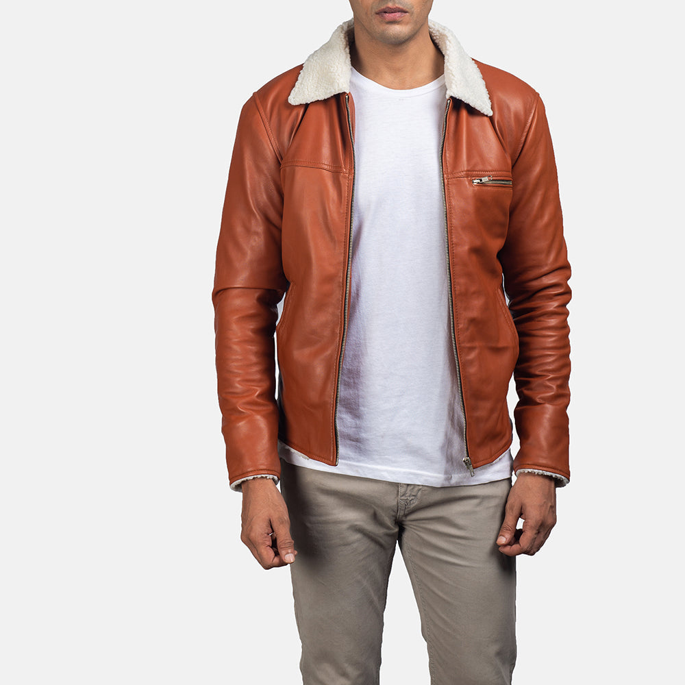 
Men's Dan Frost Tan Shearling Jacket in Brown Sheepskin Leather - Front Profile View & Tailored Silhouette | Buy Online