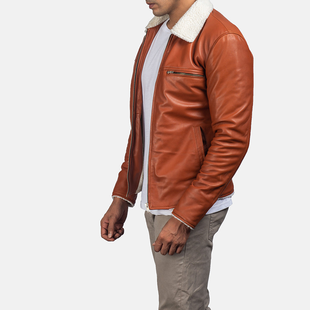 
Close-Up Detail of Shirt & Zipper Hardware on Men's Dan Frost Tan Shearling Jacket