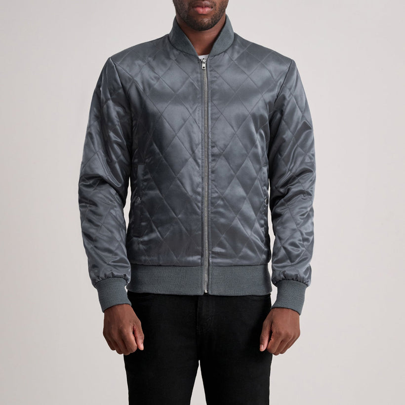 Danson Quilted Grey Varsity Jacket in Grey Satin - Front Profile View & Tailored Silhouette | Buy Online