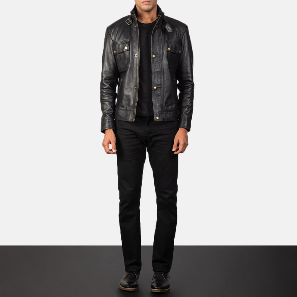 Close-Up Detail of Classic Collar &amp; Heavy-Duty Zipper Hardware on Men's Darren Black Leather Biker Jacket