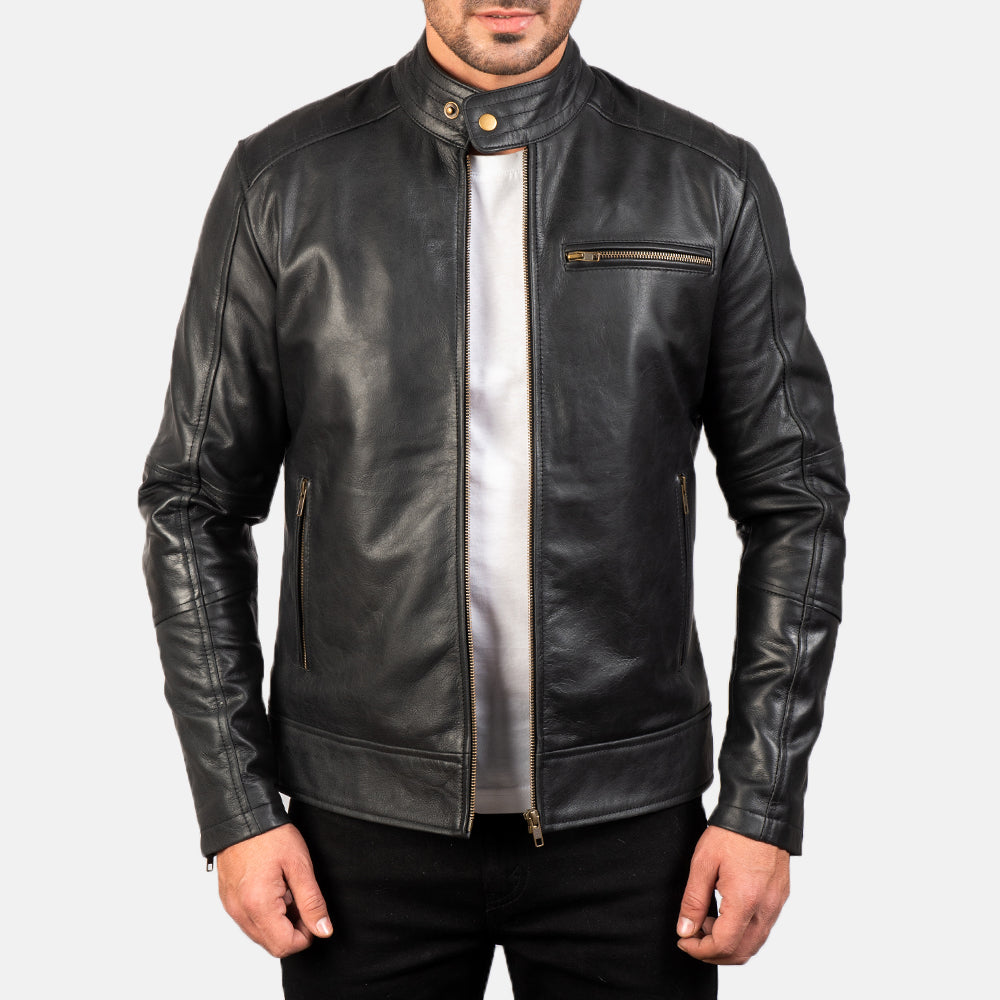 Men's Dean Black Leather Biker Jacket in Black Cow Hide Leather - Front Profile View &amp; Tailored Silhouette | Buy Online