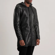 
Tan Brown Sheepskin Leather Hooded Jacket - Back View Showing Tailored Shoulder Fit & Clean Hemline
