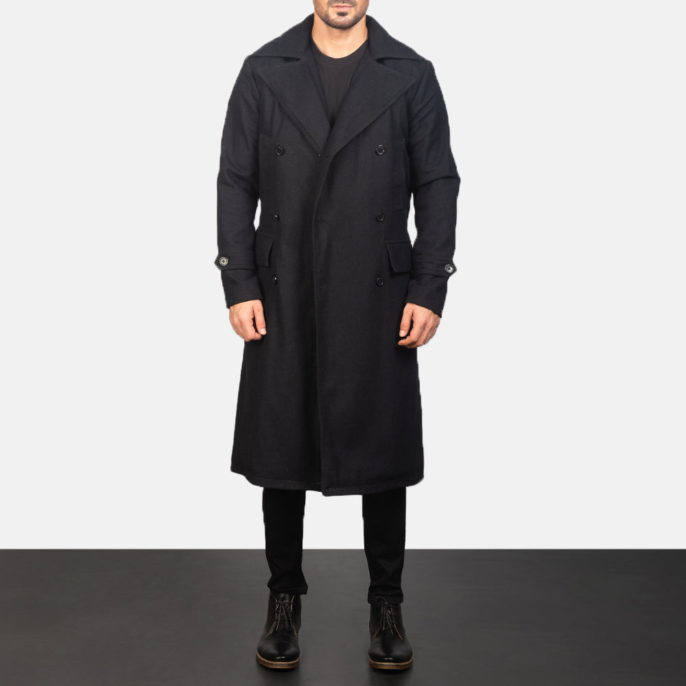 Men's Detective Black Wool Coat in Black Synthetic Wool - Front Profile View &amp; Tailored Silhouette | Buy Online