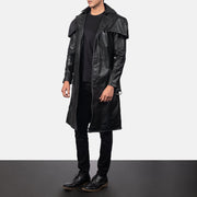 
Men's Deux Black Leather Duster - Lateral Side Profile View Showing Sleeve Cut & Athletic Taper Fit