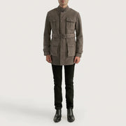 
Dolf Grey Suede Jacket - Lateral Side Profile View Showing Sleeve Cut & Athletic Taper Fit