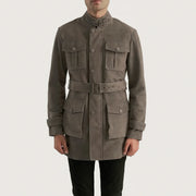 
Close-Up Detail of High neck with Belt & Snap button Hardware on Dolf Grey Suede Jacket