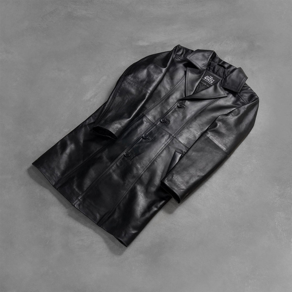 Styled Fit Perspective of Men's Don Long Black Leather Coat on Model - Natural Daylight Drape
