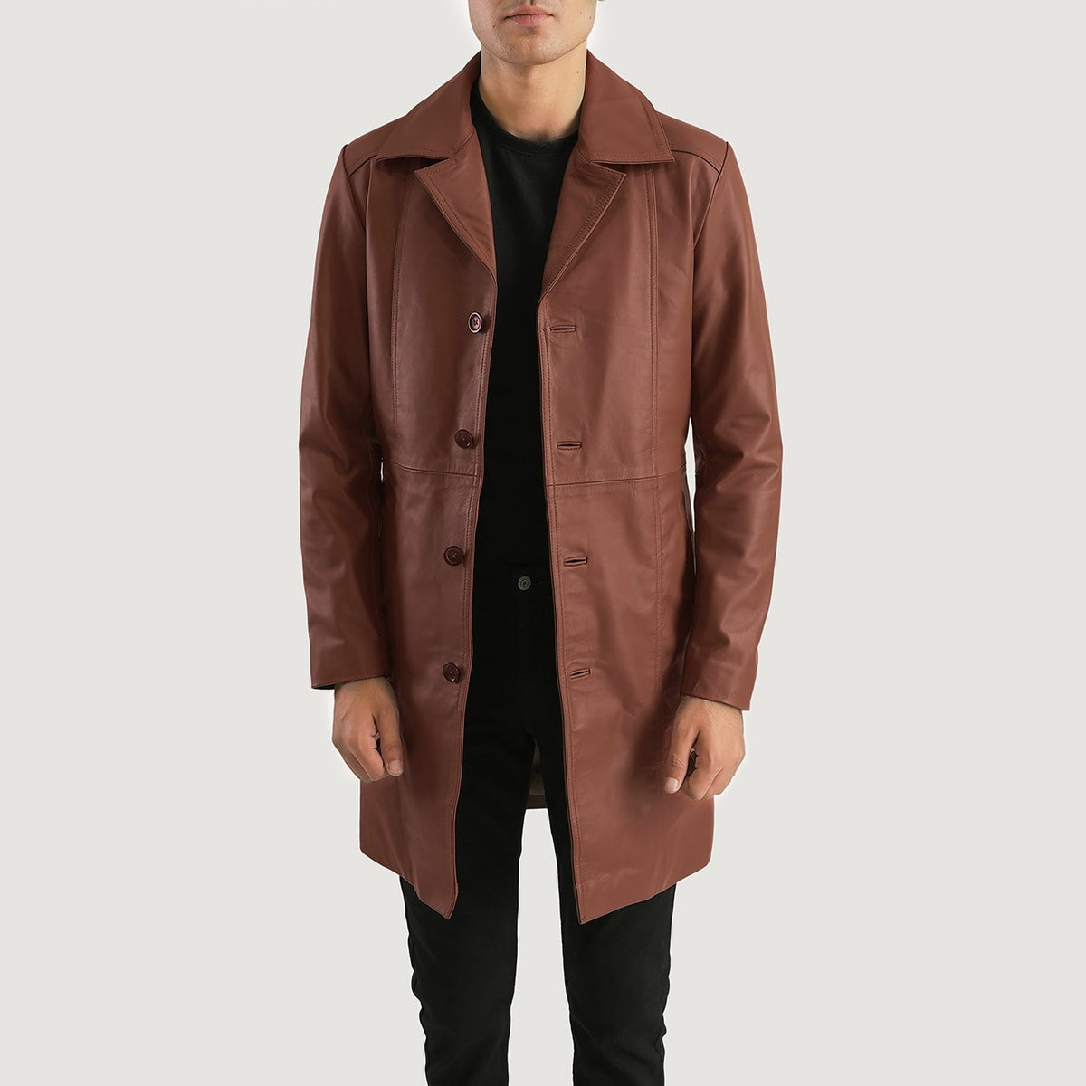 
Don Long Brown Leather Coat in Brown Cowhide Leather - Front Profile View & Tailored Silhouette | Buy Online