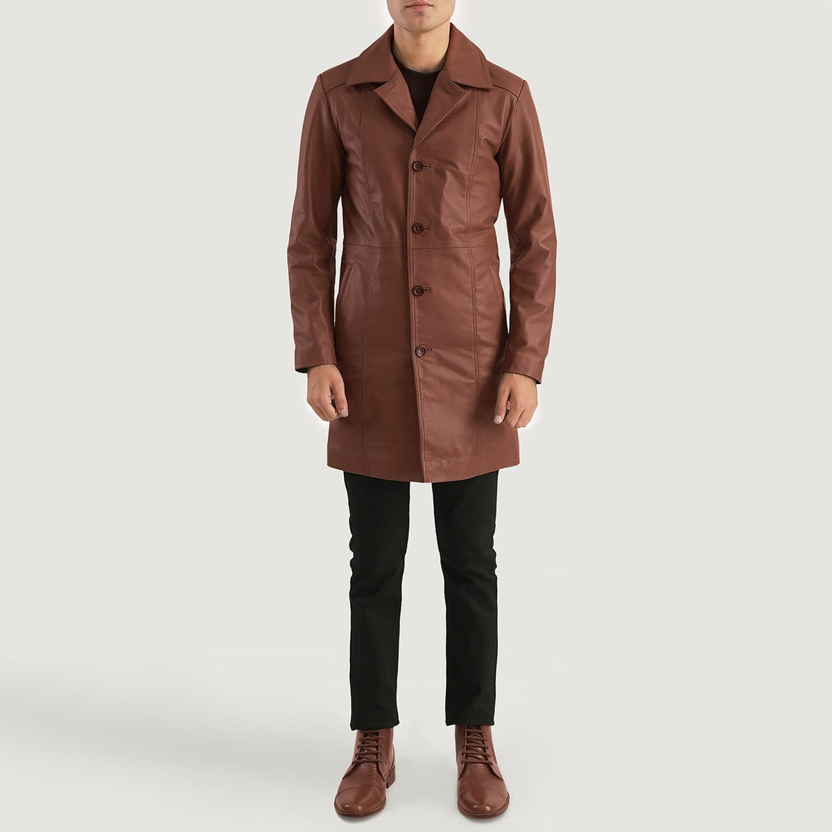
Don Long Brown Leather Coat - Lateral Side Profile View Showing Sleeve Cut & Athletic Taper Fit