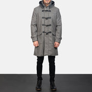 
Men's Grey Wool Duffle Coat - Lateral Side Profile View Showing Sleeve Cut & Athletic Taper Fit