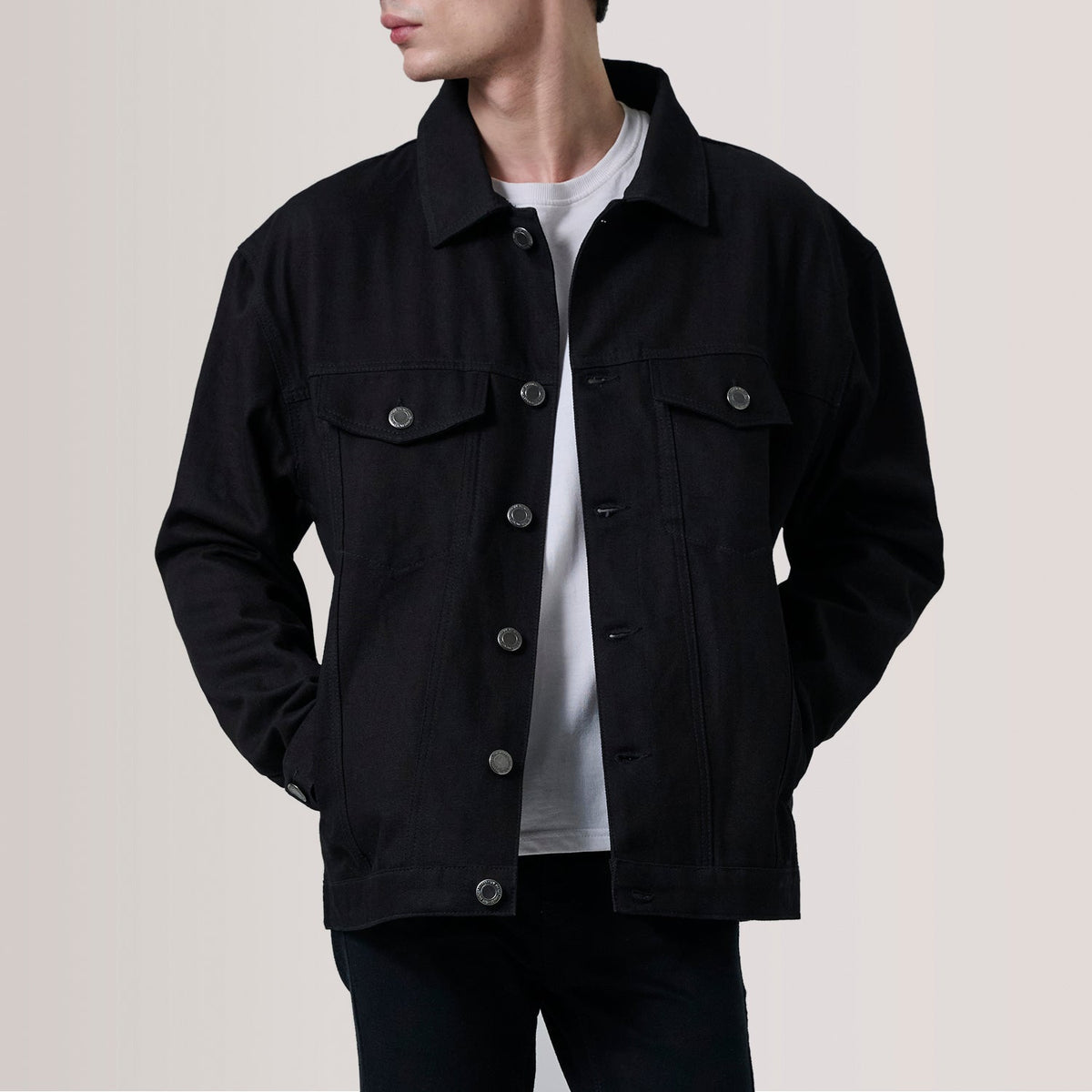 
Eddie Black Oversized Denim Trucker Jacket For Men in Black Full-Grain Leather - Front Profile View & Tailored Silhouette | Buy Online