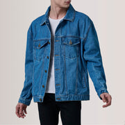 
Eddie Dark Blue Oversized Denim Trucker Jacket For Men in Dark Blue Full-Grain Leather - Front Profile View & Tailored Silhouette | Buy Online