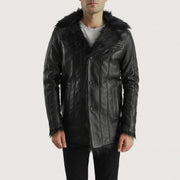 Men's Furcliff Black Leather Coat in Black Sheepskin Leather - Front Profile View & Tailored Silhouette | Buy Online