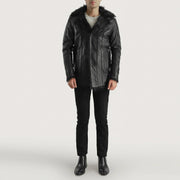 Close-Up Detail of Notch & Button Hardware on Men's Furcliff Black Leather Coat