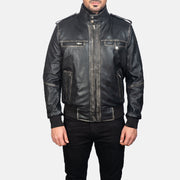 
Glen Street Black Leather Bomber Jacket in Black Cowhide Leather - Front Profile View & Tailored Silhouette | Buy Online