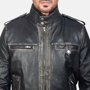 
Glen Street Black Leather Bomber Jacket - Lateral Side Profile View Showing Sleeve Cut & Athletic Taper Fit