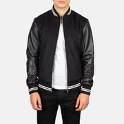 
Harrison Black Hybrid Varsity Jacket in Black Sheepskin Leather - Front Profile View & Tailored Silhouette | Buy Online