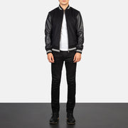 
Close-Up Detail of Knit Rib & zipper Hardware on Harrison Black Hybrid Varsity Jacket
