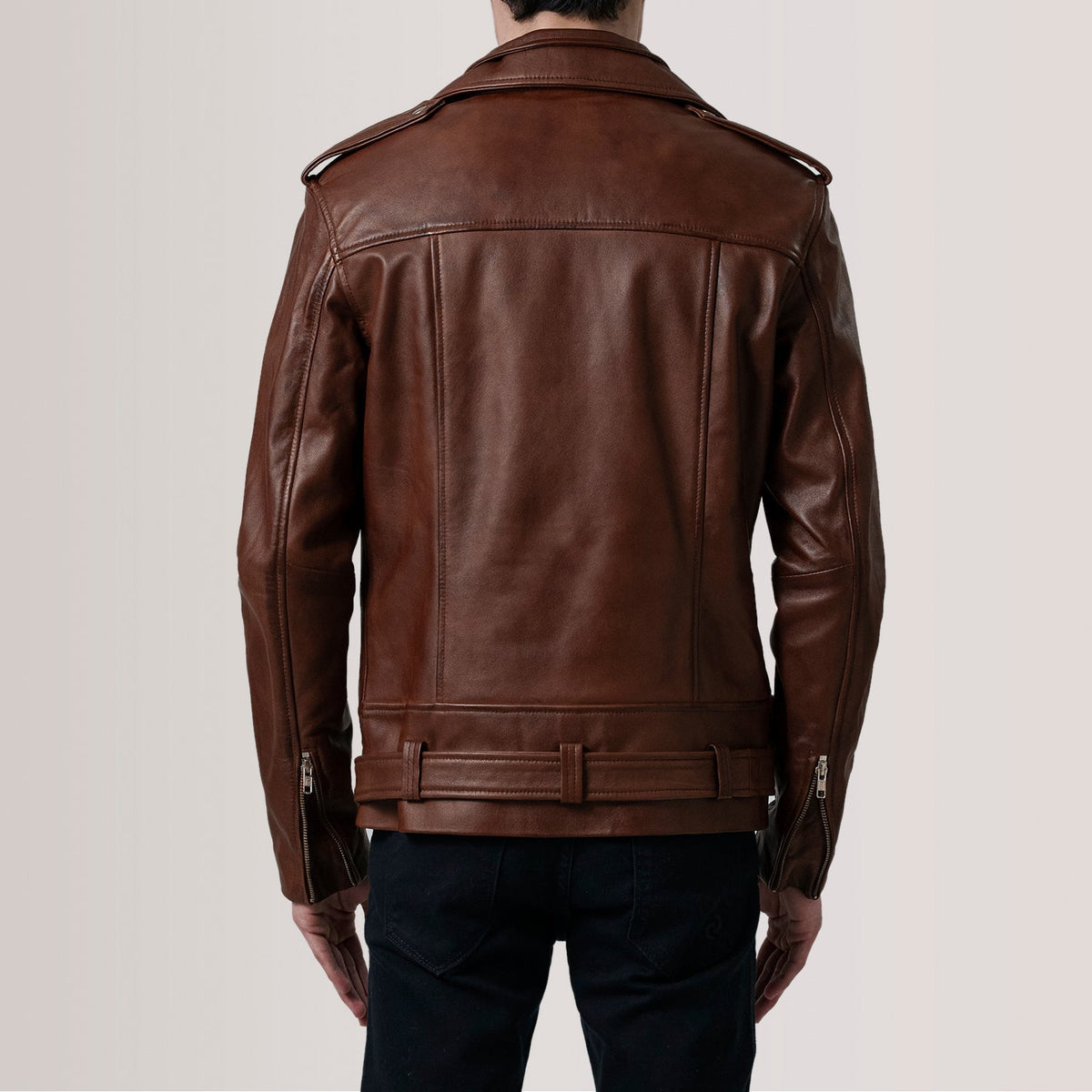 
Close-Up Detail of Notch & Zipper & Waist Straps Hardware on Kole Waxed Brown Leather Double Rider Jacket