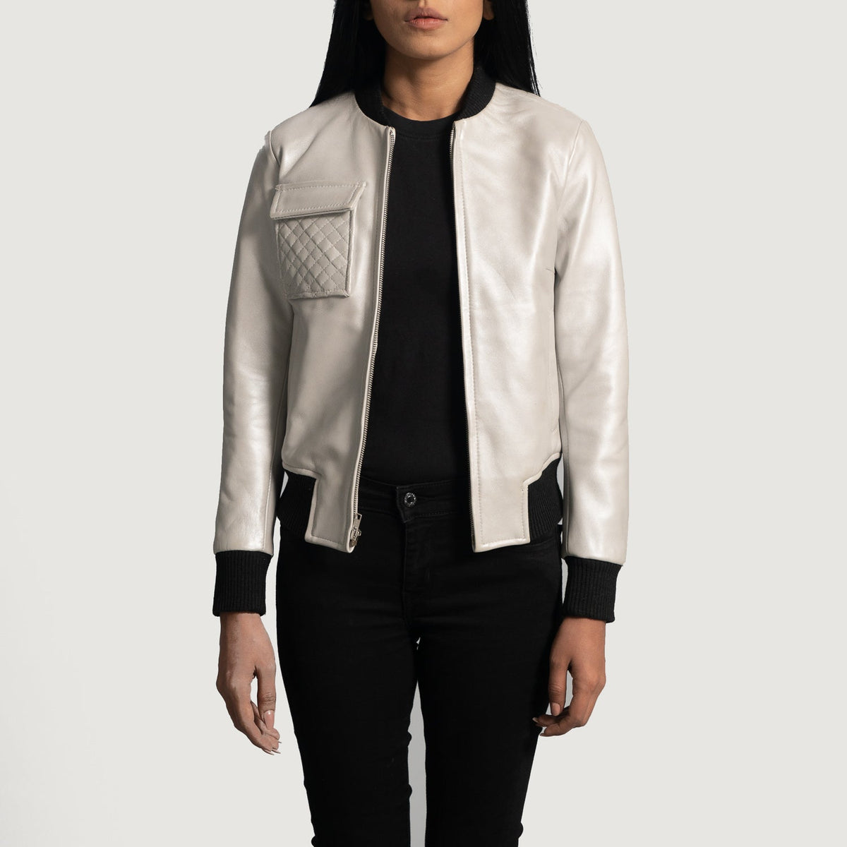 
Women's Lana Silver Leather Bomber Jacket in Silver Sheepskin Leather - Front Profile View & Tailored Silhouette | Buy Online