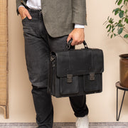 Solid Antique Brass Hardware &amp; Heavy-Duty Dual Zipper Detail on Springfield Full-Grain Leather Briefcase